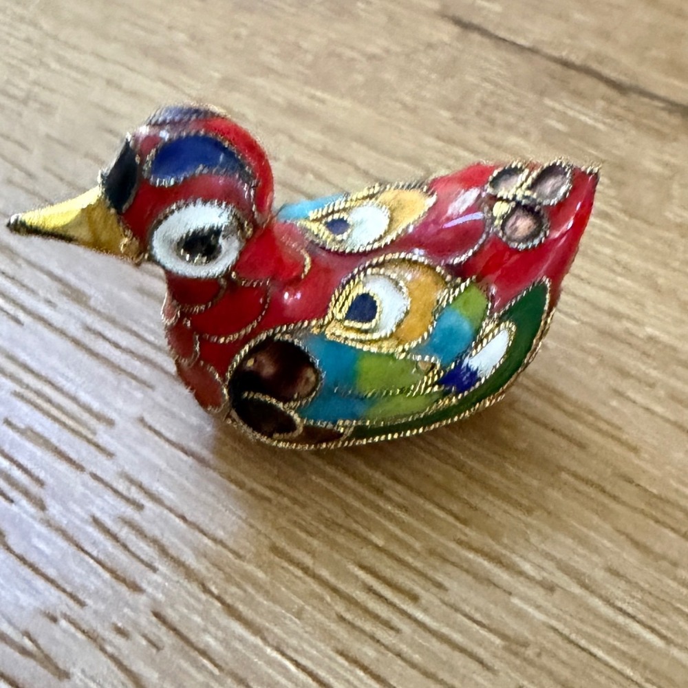 Vintage Chinese Cloisonne Enamel Duck Figurine Red Miniature Bird Filigree 1.75" - Picture 5 of 11